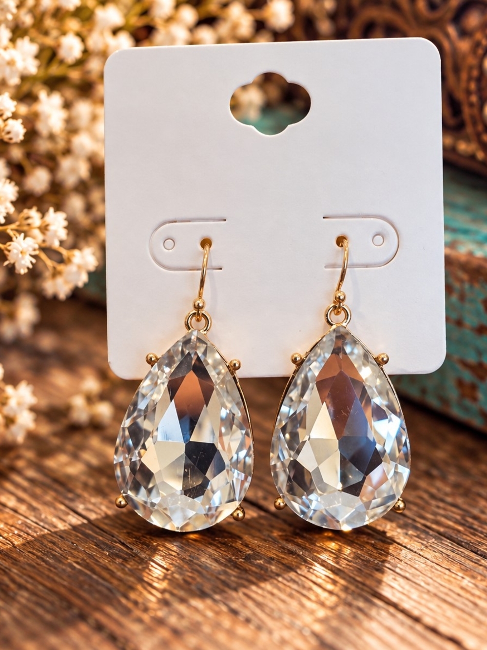 Clear Teardrop Crystal Style Earrings - Gold Tone Setting